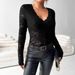 Women's Elegant V Neck Lace Top Fan Shaped Collar Long Sleeve Slim Fit Pullover European American Style 2026_ecoleips.com