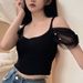 Summer Design Sense One-word Neck Mesh Stitching Off-shoulder Knitted Sweater Women's Short-sleeved T-shirt Vest_ecoleips.com