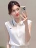 French-Style Vintage White Off-The-Shoulder Top With A Super Stylish Design, Summer Striped Polo Collar Sleeveless Shirt_ecoleips.com