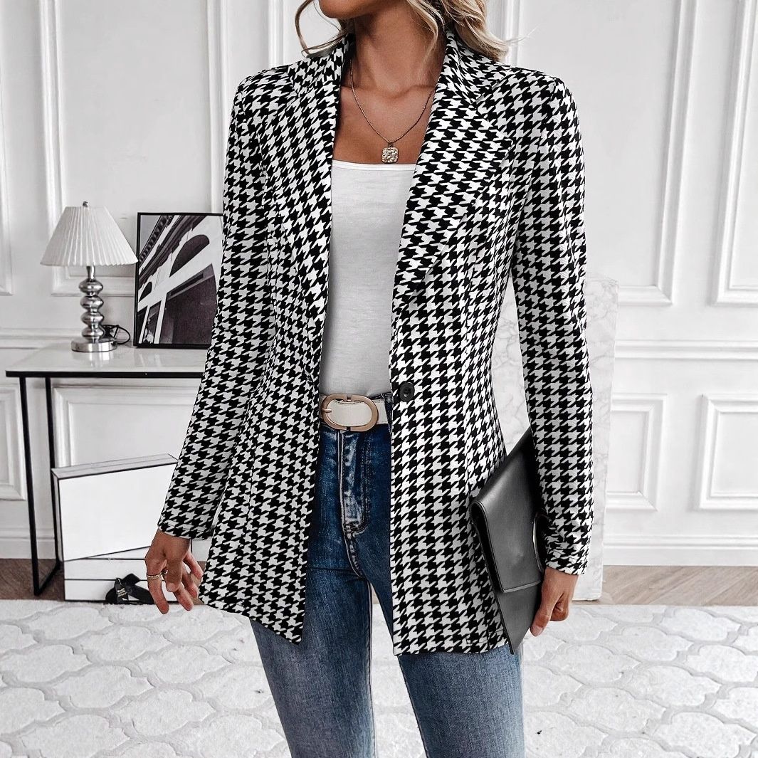 2025 Spri And Autumn New Houndstooth Elegant Fashion Slim Fit Lapel Sile-Breasted Small Blazer For Workplace_ecoleips.com