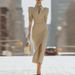 Elegant V-Neck Bodycon Midi Dress For Women | High Waist Slit Hem Office Dress In Khaki Versatile Midi Length_ecoleips.com