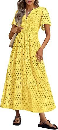 Women's Clothing V Neck Hollow Eyelet Pleated Short Sleeved Long Dress_ecoleips.com