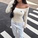 Women's Clothing Off-Shoulder Knit Sweater With Rope Embroidery - Elegant Twist Detail Pullover For Women, Soft Polyester Blend Long Sleeve Top_ecoleips.com