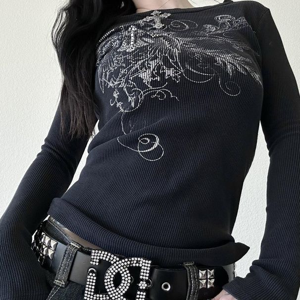 Millennial Slim Fit Long Sleeved Printed T-Shirt round Neck Base Layer Top Versatile Slimming Elastic Sexy Short Style for Women_ecoleips.com