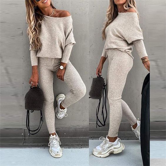 Women's Clothing Solid Color Casual Sports Trousers Lace-Up Oblique Shoulder Spring Fashion Long Suit_ecoleips.com