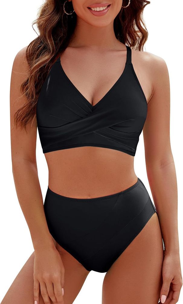 Women's Contrast Color 2 Piece Swimsuit Strap Cross Bra Top Bikini Set for Beach Vacation_ecoleips.com