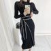 Korean Chic Women's Knitted Dress Autumn Winter Retro High Collar Color Block Mid-Length Slim Fit Strappy Niche Fashion_ecoleips.com