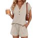 Women's Clothing Summer New Arrival V Neck Short Sleeved Two Piece Set Casual Fashionable American Style Shorts_ecoleips.com