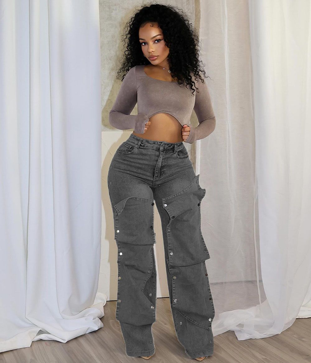 "Button-Front Relaxed Denim Pants - Decorative Stitching & Loose Fit (Blue/Light Blue/Dark Gray, S-XXL)"_ecoleips.com