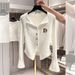 Women's Trendy White Bell Sleeve Knitted Cardigan Korean Style Early Autumn Slim Fit Flattering Base Layer Top_ecoleips.com