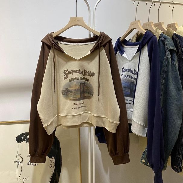 Autumn Cotton Thin V-neck Raglan Long-sleeve Sweatshirt For Women, Loose Fit, Korean Style, Trendy Short Hooded Top_ecoleips.com