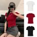 Red Short-sleeve T-shirt For Women, Summer Straight-shoulder, Slim-waist Spicy Girl Solid-color T-shirt_ecoleips.com