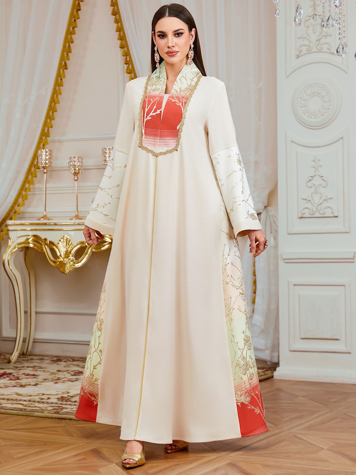 Elegant Long Robe Dress for Women with Embroidery And Patchwork Loose Ethnic Style Evening Gown with Long Sleeves Cross Border New Export Style_ecoleips.com