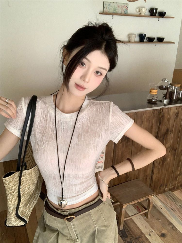 Korean Micro-transparent Short-sleeved T-shirt Women's Summer Design Sense Niche Bow Backless Thin Sweet Spice Girl Short Top_ecoleips.com
