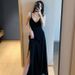 Little Black Slip Dress for Women Sexy V Neck Retro Long Side Slit Stylish Elegant Gown_ecoleips.com