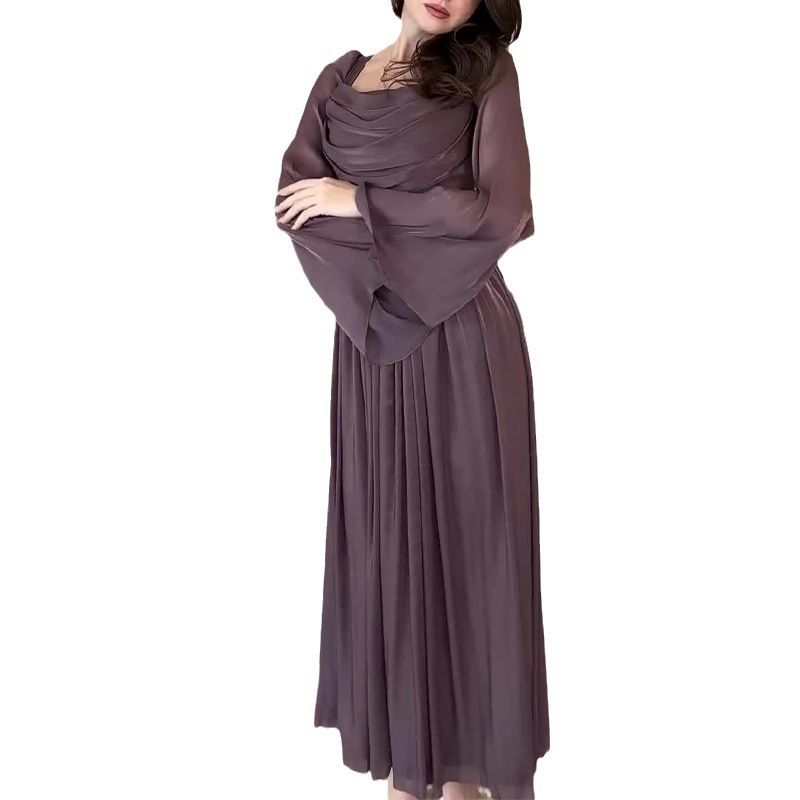 Women's Clothing French retro square neck elegant long sleeved pleated dress_ecoleips.com