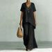 Women's Clothing V-Neck Short Sleeve Fashion Set Loose Top And Wide Leg Pants_ecoleips.com