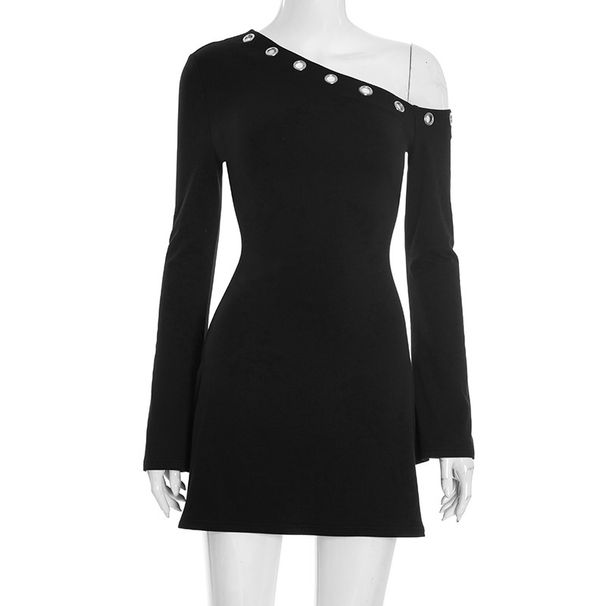 Y25DS323 European And American Women's Fashion Autumn Winter New Solid Color Asymmetrical Neck Hollow Out Ring Flared_ecoleips.com