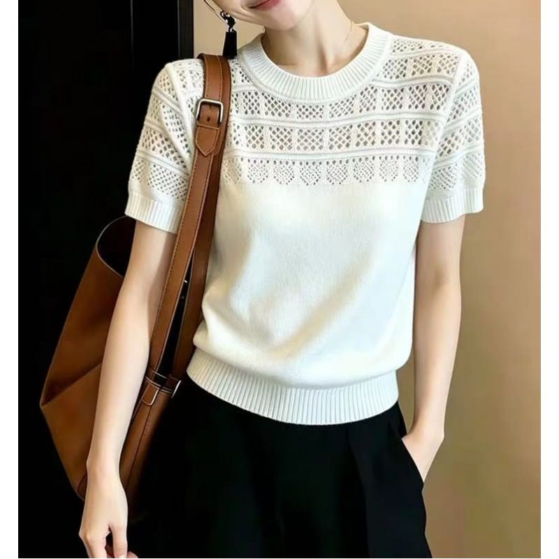 Hollow Out Knit Short Sleeve T-Shirt For Women Thin Round Neck Elegant Youthful Top Summer Style_ecoleips.com