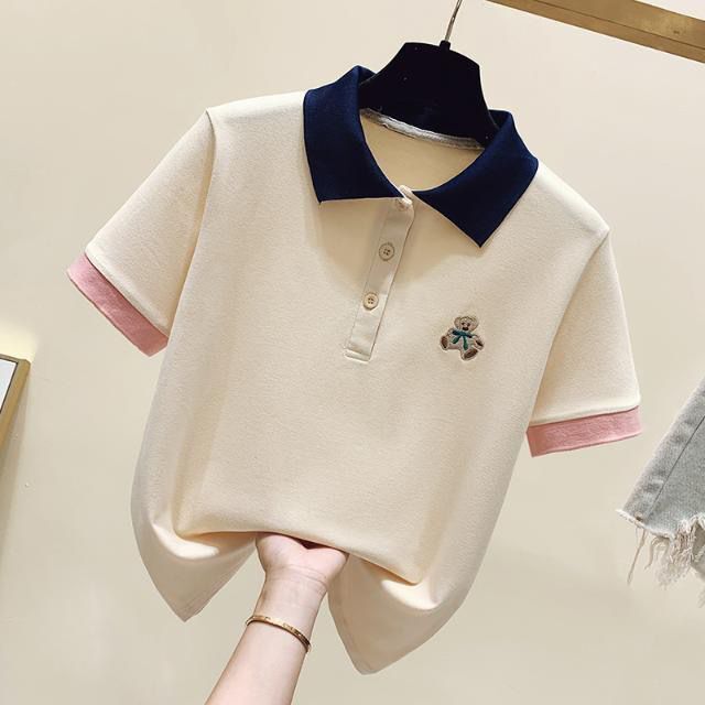 Women's Clothing Women's Fashionable Short Sleeved Shirt Collar Embroidered Bear Ethnic Style Trendy Style Set With Versatile Jeans_ecoleips.com
