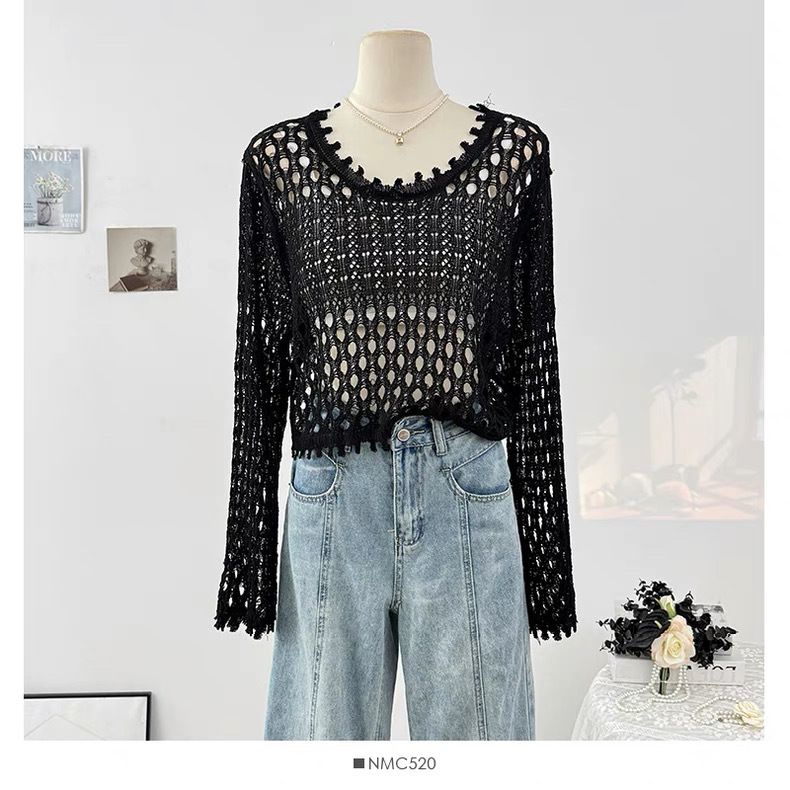 Women's Clothing Solid Color Hollow Hook Flower Round Neck Long Sleeve Short Knitted Sweater Summer New Loose Thin Sunscreen Blouse Tops_ecoleips.com