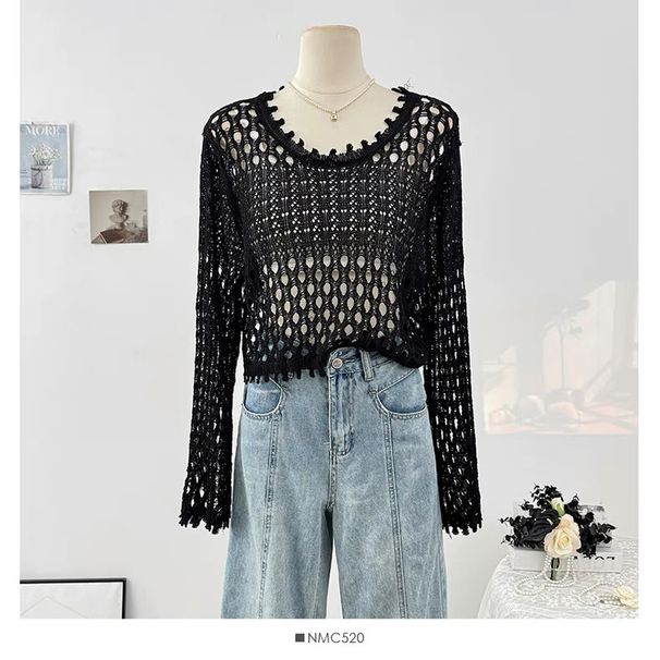 Women's Clothing Solid Color Hollow Hook Flower Round Neck Long Sleeve Short Knitted Sweater Summer New Loose Thin Sunscreen Blouse Tops_ecoleips.com