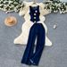 Women's Temperament Design Denim Suit Metal Button round Neck Sleeveless Vest High Waist Wide Leg Trousers Foreign Trade Style_ecoleips.com