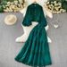 Women's French Retro Heavy Hollow Lace Splicing Lantern Sleeve Short Shirt High Waist Big Swing Skirt Autumn Set_ecoleips.com