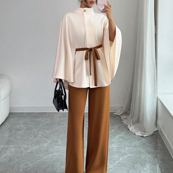 Voya Recommend! 2026 New Women's Versatile Stand Up Collar Flared Sleeves With Waist Cinching And Tie Up Short Woolen Coat_ecoleips.com