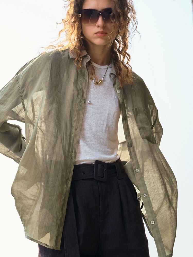 100% Ramie Long Sleeve Shirt With Classic Collar - Sheer Lightweight Sun Protection Blouse For Women, Relaxed Fit Linen-Like Shirt For Spring Summer_ecoleips.com