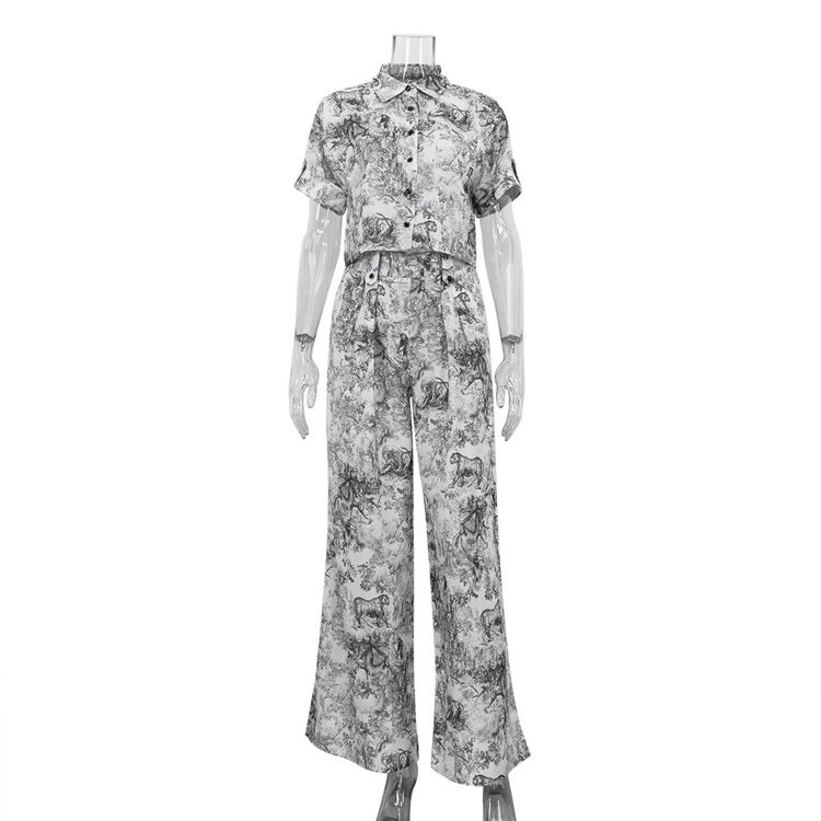 Lapel Short Shirt High Waist Slim Wide Leg Pants Two Piece Suit European And American Women's Clothing New Ink Print Fashion Suit_ecoleips.com