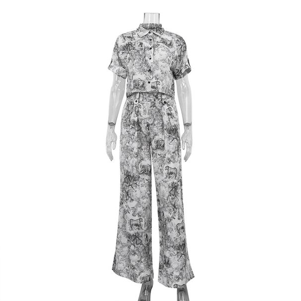Lapel Short Shirt High Waist Slim Wide Leg Pants Two Piece Suit European And American Women's Clothing New Ink Print Fashion Suit_ecoleips.com