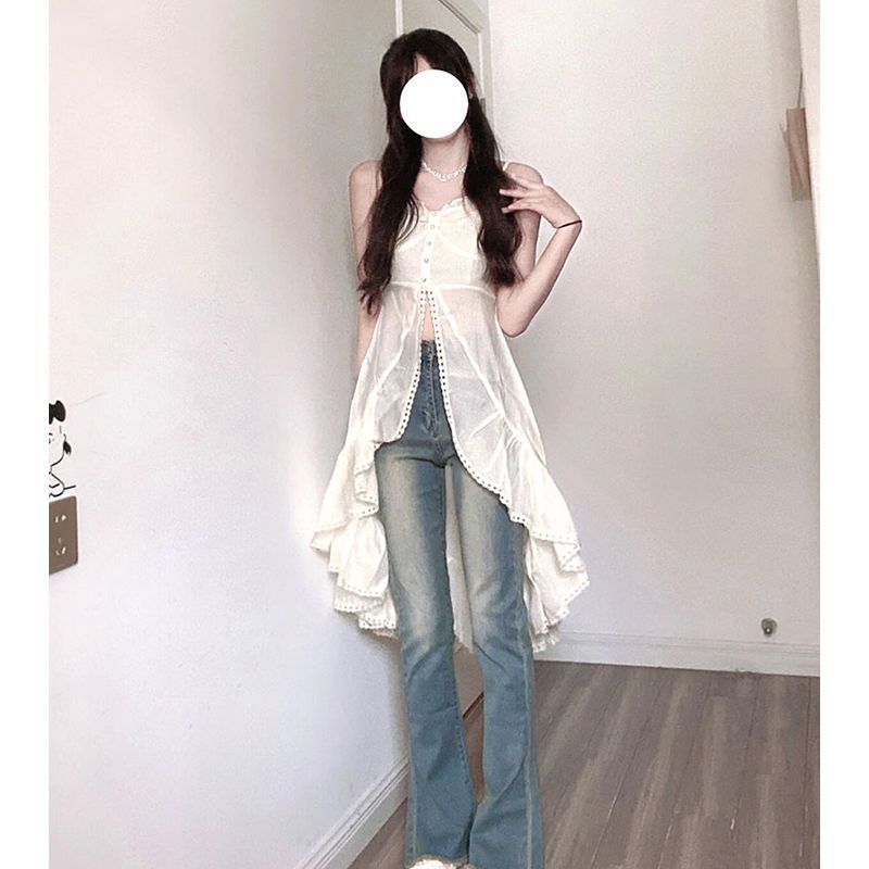 White Ruffled Blouse Top For Women, New Summer Style, Pure And Alluring, Sexy, Petite, Waist-cinching, With A Spliced_ecoleips.com