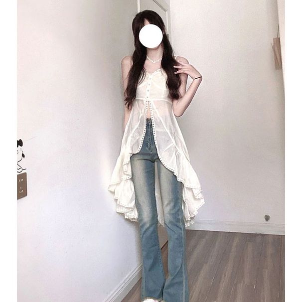White Ruffled Blouse Top For Women, New Summer Style, Pure And Alluring, Sexy, Petite, Waist-cinching, With A Spliced_ecoleips.com