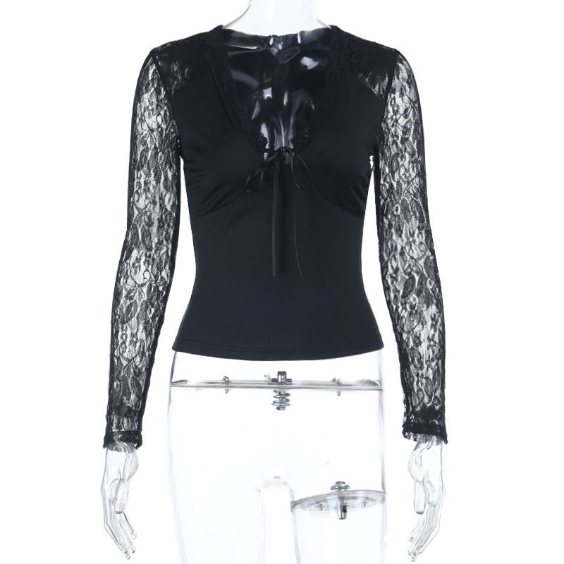 European And American Style Lace Patchwork V-neck Long Sleeve Cross-border 05 Autumn New Slim Fit Versatile Top_ecoleips.com