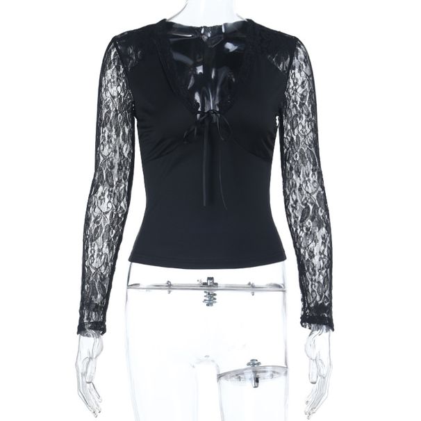 European And American Style Lace Patchwork V-neck Long Sleeve Cross-border 05 Autumn New Slim Fit Versatile Top_ecoleips.com