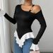 Voya Women's Black Single Shoulder Camisole T-shirt With Short Front And Long Back, White Ruffle Hem Hem, Contrasting Color For Spring And Summer Top_ecoleips.com