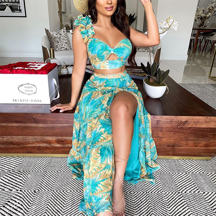 Women's summer new printed one-shoulder sleeve two-piece sexy Skirt Suits_ecoleips.com