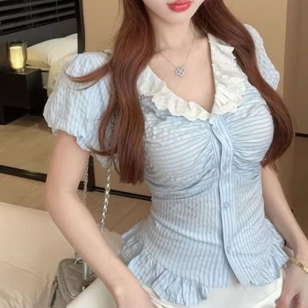 Elegant College-Style Puff Sleeve Striped Shirt For Women, Summer 2026, Pure And Sweet Hot Girl Waist-Cinching Top_ecoleips.com