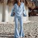 New 2026 Women's Two Piece Set Solid Color V Neck Flared Sleeve Long Pants Independent Clothing Cross Border Europe & America_ecoleips.com