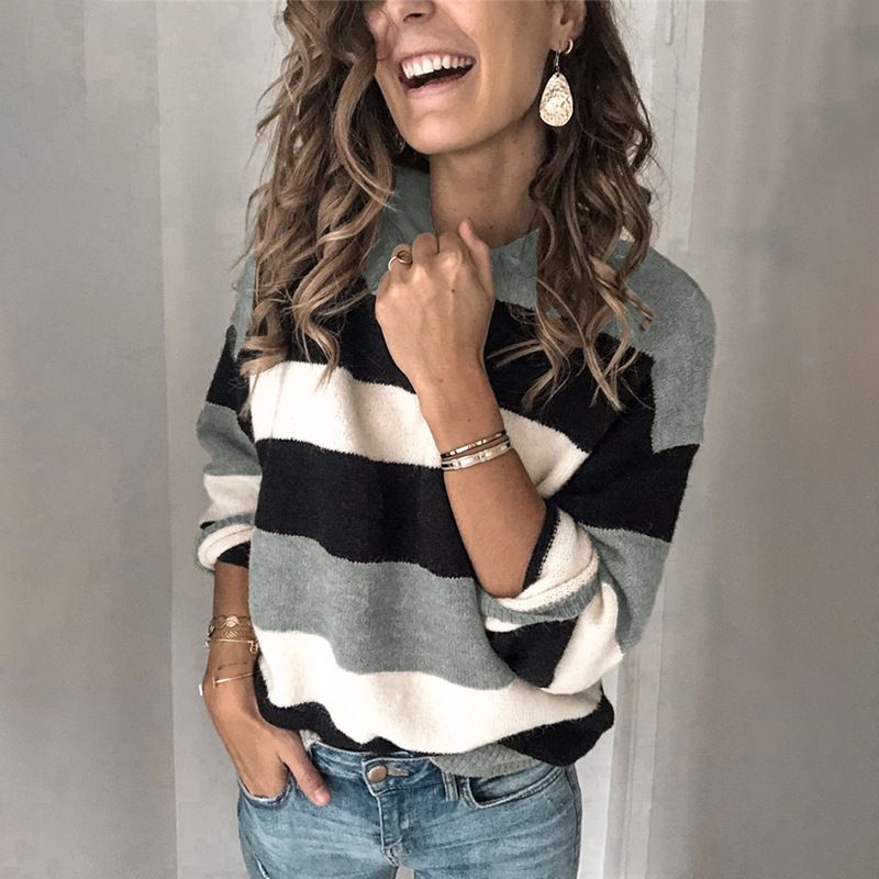 Women's Clothing Oversized Striped Knit Sweater - Soft Breathable Pullover With Relaxed Fit (S-3XL, Grey)_ecoleips.com