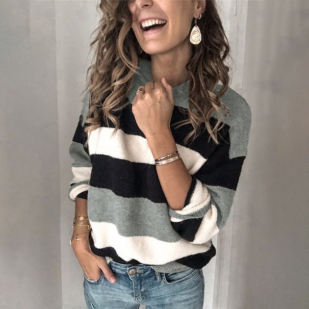 Women's Clothing Oversized Striped Knit Sweater - Soft Breathable Pullover With Relaxed Fit (S-3XL, Grey)_ecoleips.com