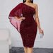 Women's Clothing New Solid Color Sequined Oblique Shoulder Party Shawl Sleeve Hip Short Dress_ecoleips.com