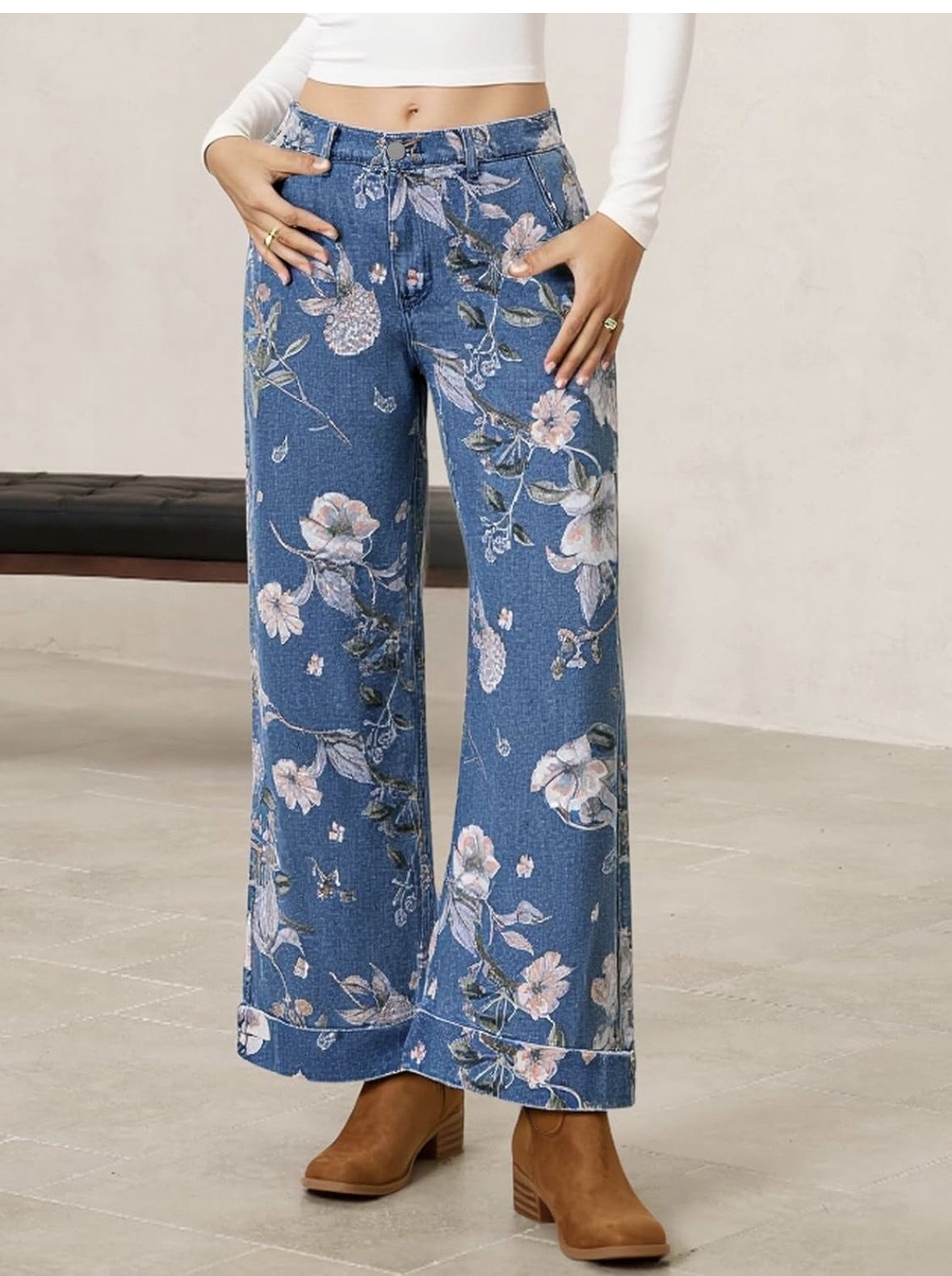 European And American Style Women's mid Waist Wide Leg Jeans Loose Floral Cropped Pants Bohemian_ecoleips.com