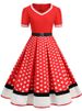 Black V-Neck Short Sleeve Vintage Pleated Dress With Belt Women 50s Polka Dot Party Sundress Robe Plus Size_ecoleips.com
