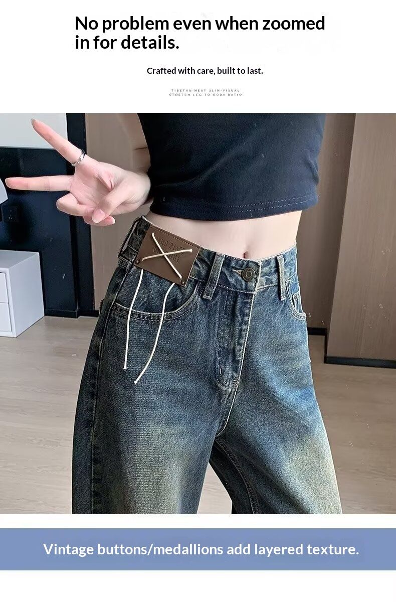 Vintage Straight-Leg Jeans Women, Autumn And Winter New High-Waisted Loose Wide-Leg For Slightly Chubby Pear-Shaped_ecoleips.com