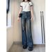 American Retro Washed Blue Micro-flared Jeans For Women, Spring High-waisted Slimming Straight Elastic Wide-leg Long_ecoleips.com