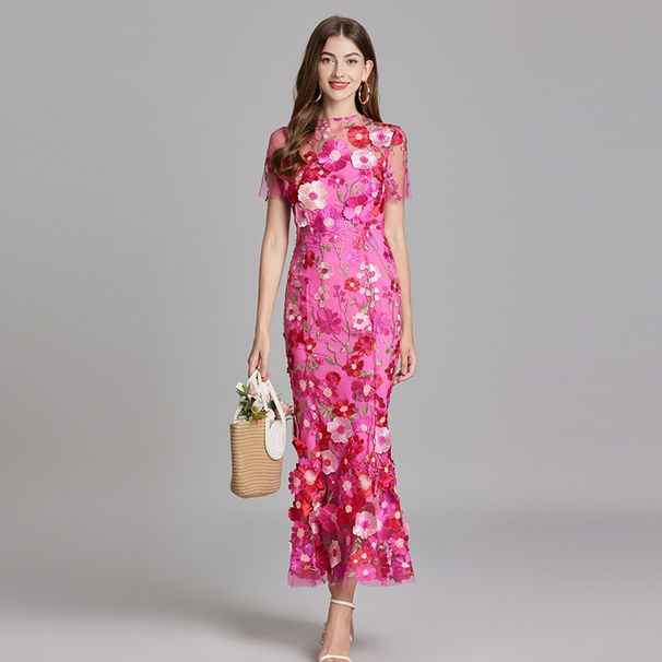 Voya 628 Real Shot Summer New Women's Fashion Elegant Embroidered Three-Dimensional Flower Waist-Cinching Short Sleeve Slim_ecoleips.com
