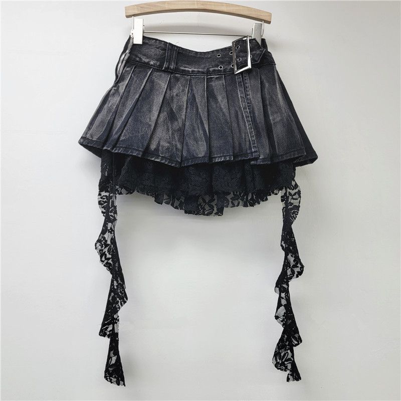 Denim Skirt Women 2025 Spring And Summer American Punk Irregular Lace Splicing Design Slim A Line Skirt Trend_ecoleips.com