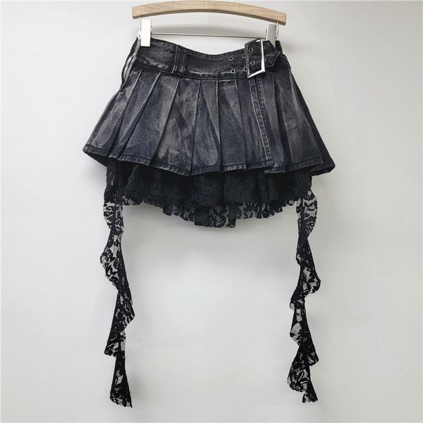 Denim Skirt Women 2025 Spring And Summer American Punk Irregular Lace Splicing Design Slim A Line Skirt Trend_ecoleips.com